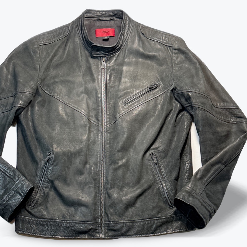 Hugo Boss Buffalo Leather Jacket Moto Cafe Racer Mens Large Size 52 IT/US L
